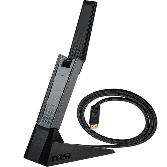 MSI AX1800 WiFi 6 kahesageduslik USB-adapter - WiFi kuni 1800 Mbps (5 GHz, 2,4 GHz traadita), USB 3.2 Gen 1 Type-A, MU-MIMO, reguleeritav antenn, kiirguse kujundamine, WPA3 - juhtmega kinnitus kaasas