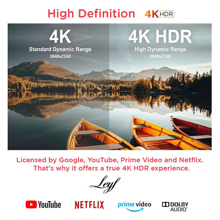 Leyf 4K Android TV Box originaallitsentsiga, mille on litsentseerinud Google LLC ja Netflix, Disney, Prime Video WiFi, Type-C, HDMI 2.1, USB 3.0, Ethernet, MicroSD/nutiterv, Chromecast, YouTube