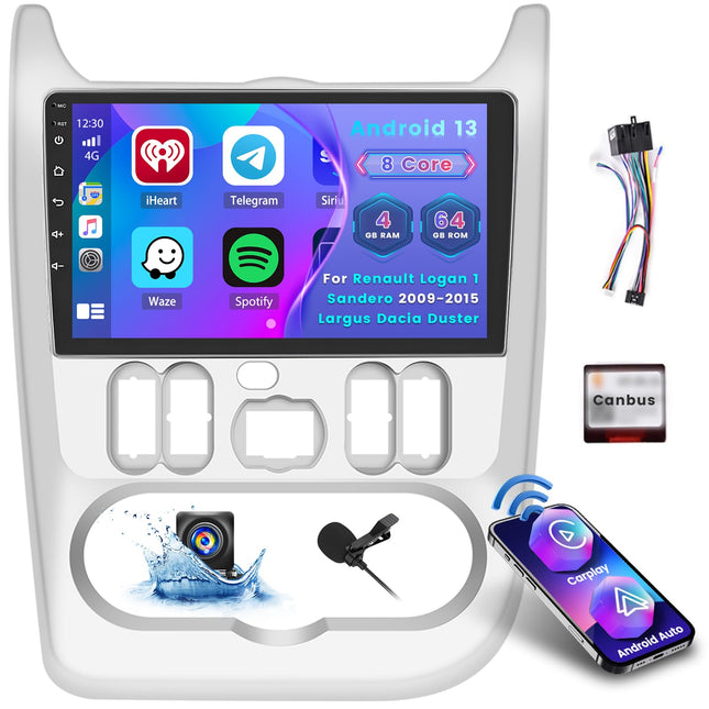 [8-tuumaline 4+64GB] Android 13 autoraadio, juhtmevaba CarPlay Android Auto, Renault Logan 1 Sandero 2009-2015 Largus Dacia Duster raadio, 9-tolline ekraan, Bluetooth, Mirror Link, GPS WiFi DSP FM SWC USB