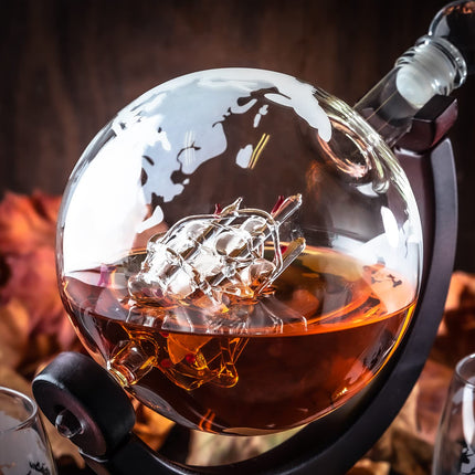 Whiskey Decanter Set | Whiskey Gift Set | Whiskey Gifts for Men | Christmas Gifts for Men | Gifts for Grandpa and Uncle | Globe Decanter (2 Whiskey Glasses with Silver Compass Engraving)