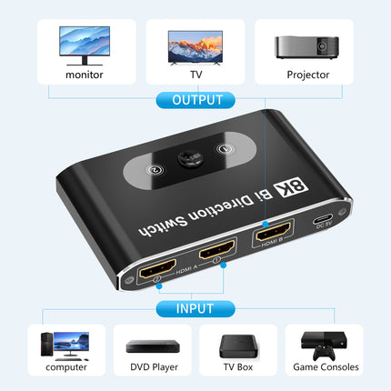 HDMI-lüliti 8K HDMI 2.0 jaotur, alumiiniumist kahesuunaline HDMI-lüliti 2 sisendit 1 väljund, HDMI-lüliti jaotur 1 x 2/2 x 1, toetab 8K 3D HD 1080P pistikut ja mängimist Xbox PS4 Roku HDTV jaoks