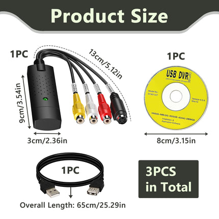 Audio Video Grabber USB 2.0, USB video salvestuskaart, audio-video muundur, mis toetab VHS-i, Hi8-d, DVD-d, videomaki digitaalseks muutmist, audio-video muundur arvutile, telerile, Macile, ühildub Windows 11/10/8/7 ja Maciga
