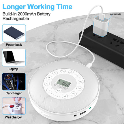 Portable CD Player, CD Player, Portable CD Player, CD Player with Speaker, CD Player with Bluetooth, Boombox CD Player, Rechargeable CD Player Small, Supports CD USB Aux Input, White