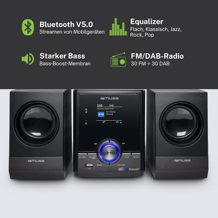 Muse stereo system, compact system with CD player &amp; DAB radio, mini stereo system with 2 speakers, music system with FM/DAB/DAB+ digital radio, Bluetooth &amp; AUX, MP3 &amp; Spotify, compact music system