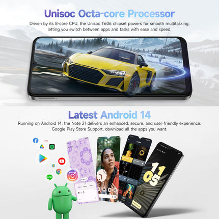 Ulefone Note 21 mobiiltelefon 2025 Android 14 8GB + 128GB / 1TB SD Octa Core 6.56" HD+ 2.5D 90Hz 13P + 8MP kaamera 5000mAh nutitelefon ilma lepinguta 4G kahe SIM-kaardiga sõrmejäljelugeja + näotuvastus GPS OTG 2-aastane garantii