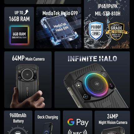 Ulefone ARMOR 21 Android 13 Outdoor Smartphone Unlocked, Infinite Halo, 122dB Loudest Speaker, 9600mAh Battery, 64MP+24MP, 16GB+256GB, 6.58" FHD+120Hz, IP68 IP69K Smartphone, 3 Card Slots, NFC