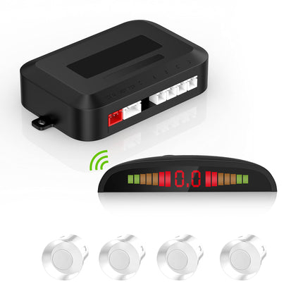 Wireless Parking Aid Kit, Reversing Radar System with 4 PDC Sensors, Wireless LED Distance Display with Acoustic Warning + 4 White Color Rear Parking Aid for Cars Vans RV Trailers