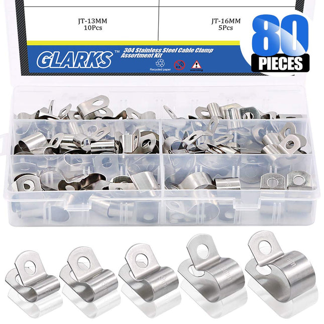 Glarks 80 Pieces 5 Sizes 1/4 inch 5/16 inch 3/8 inch 1/2 inch 5/8 inch Stainless Steel Cable Clamp Assortment Kit