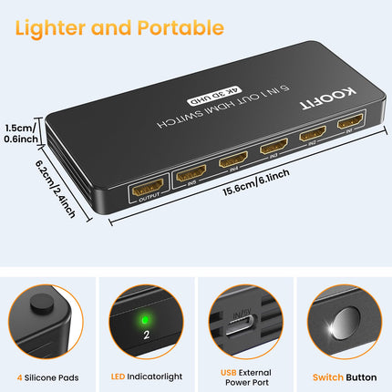 HDMI-lüliti automaatne, 4K HDMI-jaotur 5 sisse ja 1 välja lüliti kaugjuhtimispuldiga, jaotur 5 pordi valikukast toetab 4K 3D HDR-i TV Stick HDTV Xbox Series PS5 jaoks