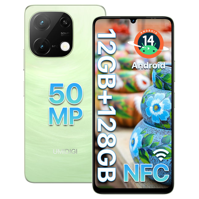UMIDIGI G9C 50MP nutitelefon lukustamata Android 14-12(6+6) GB+128GB mobiiltelefon 6,75-tolline 90Hz ekraan, 5000mAh, 2,2GHz protsessor, 4G kahe SIM-kaardiga, kaasas laadija, Bluetooth 5.4/Face ID/GPS/NFC-roheline
