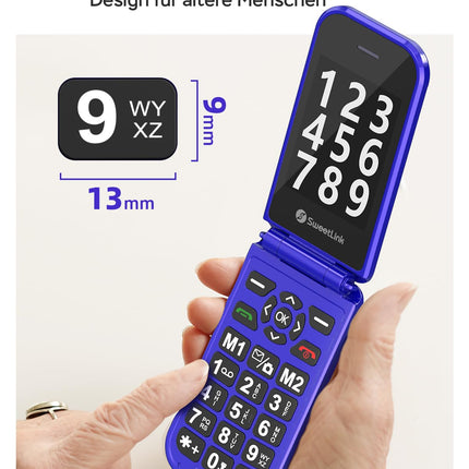 SweetLink F4PLUS 4G - lepinguta seenioride mobiiltelefon suurte nuppudega, 2,8-tollise ekraaniga seenioridele mõeldud mobiiltelefon, 1400mAh aku, SOS-hädaabikõne funktsioon, fotokontakt, USB-C laadimisjaam, kahekordne nano-SIM, sinine