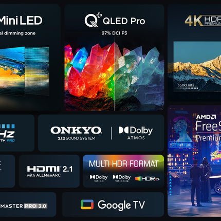 TCL 75Q10B 75-inch QLED PRO MiniLED TV, 4K UHD, 4K HDR Premium 3500nits, Smart Google TV with 144Hz Motion Clarity Pro and Onkyo 2.1.2 Dolby Atmos Sound