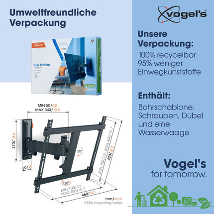 Vogel's Comfort TVM 3425 pööratav teleri seinakinnitus 32–65-tollistele teleritele, max. 25 kg, pöörleb kuni 120°, täielikult liikuv telerikinnitus max. VESA 400x400, universaalne ühilduvus