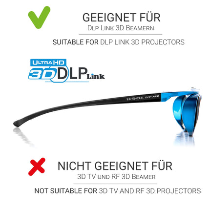Hi-Shock DLP Pro Blue Heaven | DLP Link 3D-prillid, mis ühilduvad Aceri, BenQ, Optoma ja LG 3D DLP-projektoritega, [96–144 Hz | Patareitoitel | Laetav - DLP Link]