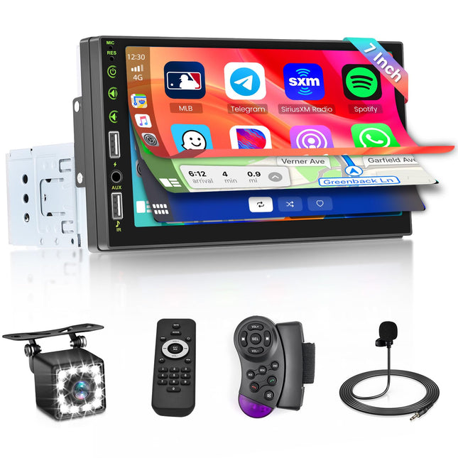 Hikity 1 DIN autoraadio, CarPlay, Android Auto, Bluetooth-ekraan, 7-tolline puutetundlik ekraan, FM-tagurduskaamera