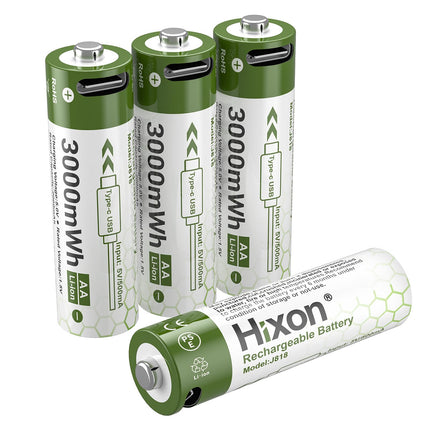 Hixon Rechargeable Lithium 1.5V AA Battery, 3000mWh USB-C AA Battery, 1.5V AA Lithium Battery, 4 Pack AA Lithium Batteries