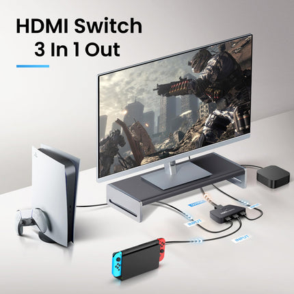 NEWCARE HDMI-lüliti 3 sisse ja 1 välja koos 2,6 jala pikkuse HDMI-kaabliga, 4K@60Hz HDMI-lüliti, 3-pordiline HDMI-jaotur, mis toetab Dolby Atmos HDR10-t