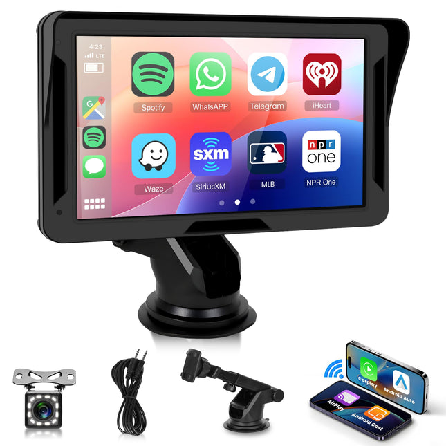 Rimoody juhtmevaba Carplay kaasaskantav autoraadio, 7-tolline HD-ekraan Carplayga koos Android Auto Airplay/Android Cast/kahe Bluetoothi/FM-saatja/hääljuhtimise/navigatsioonisüsteemi/TF/AUX/USB/EQ tahavaatekaameraga