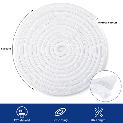 Romon 6m Cable Sleeve, 16mm-25mm Cuttable Cable Duct Self-Closing, Flexible Woven Cable Sheath, Spiral Hose for TV PC Home Theater Automotive Cable, Cable Management Bite-Resistant for Dogs - White
