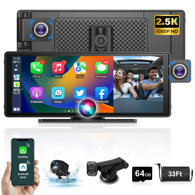 【Uusim】 10,26-tolline Apple Carplay Android Auto ekraan reguleeritava 2,5K armatuurlauaga auto esi- ja tagaosa juhtmevaba Driveplay tahavaatekaameraga autoraadio Carplay Bluetooth Mirror Link 64G TF