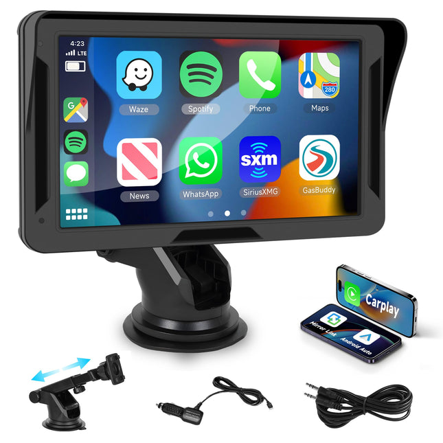 Rimoody Wireless Carplay &amp; Android Auto Display, Portable Car Radio, 7 Inch HD Touchscreen with Android Auto/Airplay/Android Cast/Dual Bluetooth/FM Transmitter/Mirror Link/TF/AUX/EQ/Live Navigation