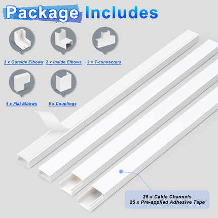 LZEOY 10m kaablikanalite komplekt teleri seinale kinnitamiseks - isekleepuv kaablisiin (valge) - 25 tk kaablikatteid 40x2,4x1,4cm - pinnale paigaldatav paigaldus koju ja kontorisse