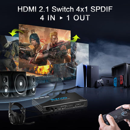 4K 120Hz HDMI 2.1 Switch 4x1 Audio Extractor VRR ALLM HDCP2.3 ARC HDR10+ CEC Optical SPDIF and 3.5mm AUX Audio Out, HDMI Auto Switch 4 IN 1 Out IR Remote Dolby Digital EDID for PS5 Xbox NVIDIA