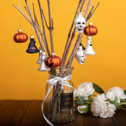 Watayo Halloween Glass Ornaments, Halloween Decorations, Glass Blown Ornaments with Pumpkin, Ghost, Skull, Witch Hat for Halloween Party, Christmas Tree, Home Decoration, 12 Pieces