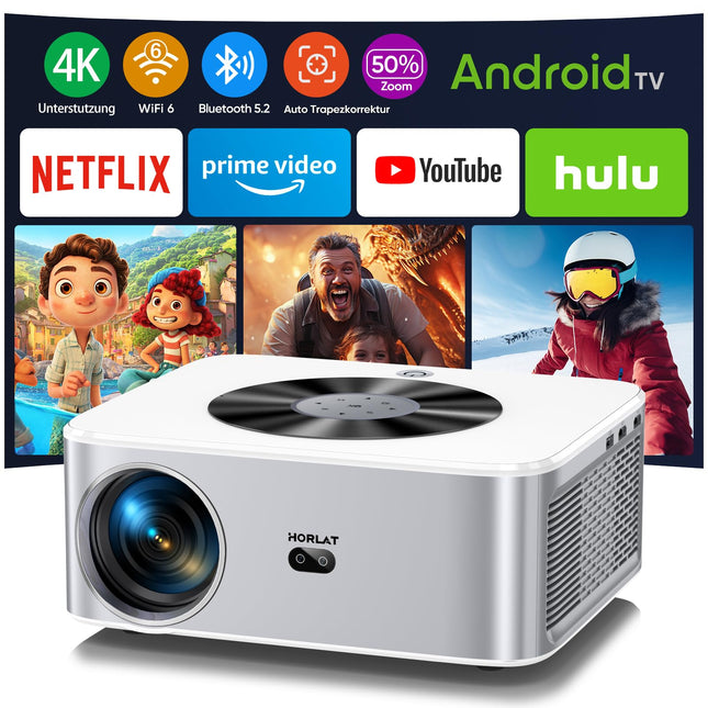 Projektor 【Android TV】 HORLAT 28000 luumeniga projektor 4K kodukino, WiFi 6 Bluetooth projektor õue, automaatne/4P trapetsikorrektsioon, 50% suumprojektor, projektor Androidile nutitelefoni/TV-pulgale, nutikas projektor