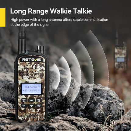 Retevis EZTalk 62 Walkie Talkie, Dual-Band Two-Way Radio, 2200 mAh Li-ion Battery, One-Button Mute, 7 Hunting Calls, IP67 Waterproof, 10 km Walkie Talkie for Hunting, Airsoft (1 Pack, Camouflage)