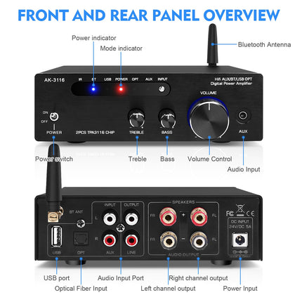 HiFi võimendi Bluetooth 5.0-ga, AK-3116 mini stereohelivõimendi 2.0 kanaliga 100W x 2 vastuvõtjat D-klassi digitaalne võimsusvõimendi TPA3116 kiibiga, USB, AUX, BT sisendiga