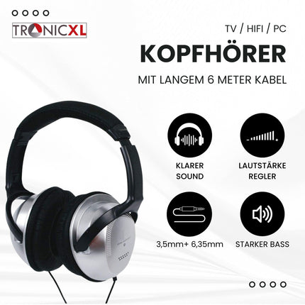 TronicXL TV kõrvaklapid kõrvaklapid peavõruga stereo 6m pikkused kaabeltelevisiooni televisioon, mis ühildub Sony, LG, Panasonic, Grundig, Samsung, Philips, Toshiba, Hisense, Medion kronsteiniga seenioride abistamiseks mõeldud televiisor