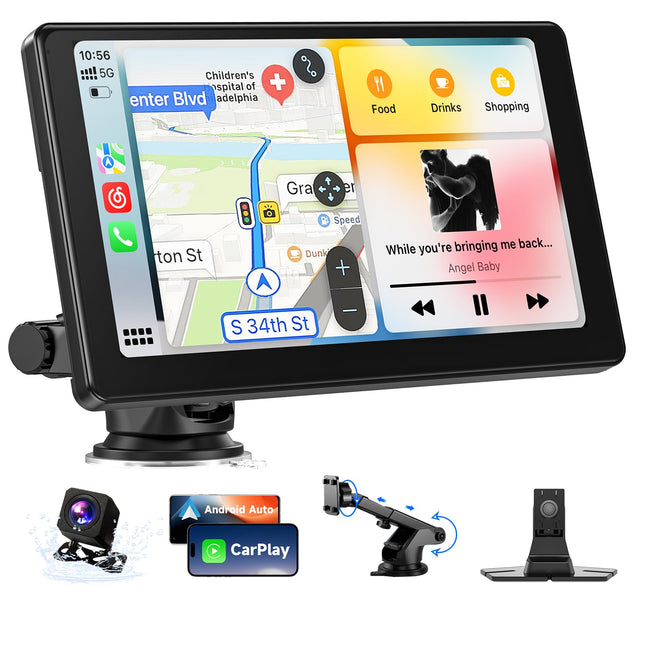 Alpinetech 2025 Newest 9 inch Carplay Display &amp; Portable Android Auto Display, Car Play Display with Rear View Camera GPS Navigation Bluetooth Mirror Link AUX FM Siri, Buddy Display for All Vehicles