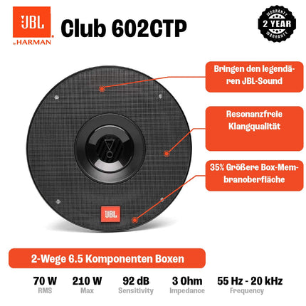 JBL Club 602CTP kahesuunaline auto helisüsteem - 210-vatine komponentkõlarite komplekt 165 mm sisseehitatud autokõlaritega, kõrgsagedusvaljuhääldi ja filtriga, must, 16 cm