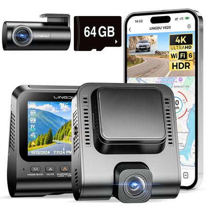 Dashcam Car Front Rear - 4K + 1080P Car Camera External 2.4" IPS Screen, Dual Car Camera with 64 GB SD Card, Voice Output, Parking Monitoring, Enhanced Night Vision, WDR