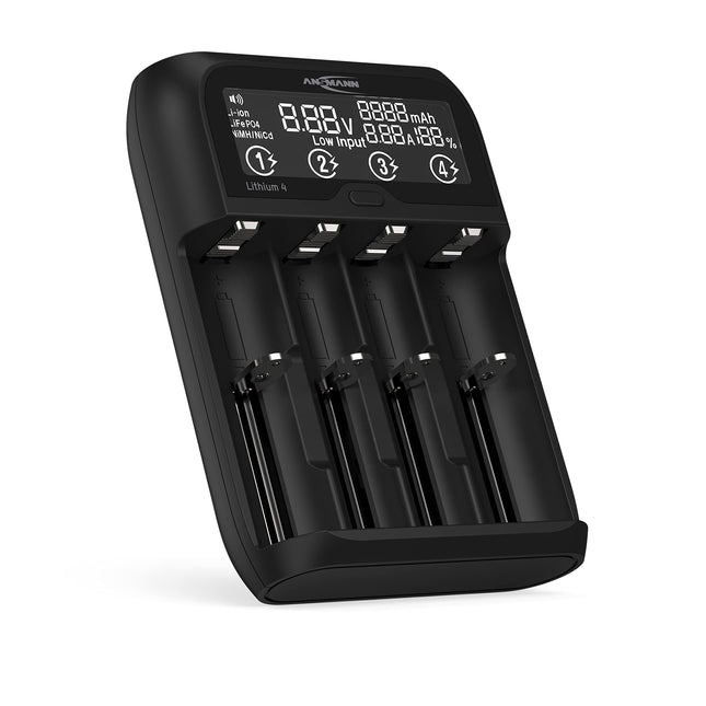 ANSMANN akulaadija 1-2 NiMH akule AAA AA Baby C või 4 Li-Ion 3.6V/3.7V / LiFePO4 (3.2V) 26650, 22650, 18650, 18500, 17670, 16340, 14500
