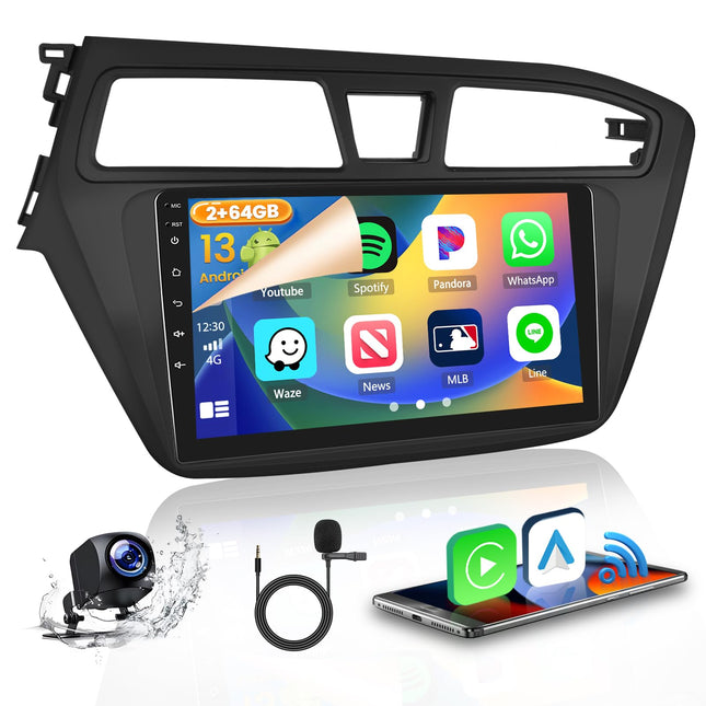 Hikity 2+64GB Android 13 autoraadio Hyundai i20 2015-2018 raadio juhtmevaba CarPlay Android Auto Bluetooth vabakäesüsteem 9-tolline ekraan autoraadio navigatsiooniga tahavaatekaamera WiFi FM RDS SWC