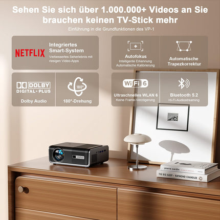 Nutikas projektor 4K【Netflix Official &amp; Dolby Audio】 28000L autofookusega/6D trapetsikorrektsiooniga projektor Full HD 1080P, VOPLLS ​​​​WiFi6 Bluetooth-toega 4K videoprojektor kodukino/välistingimustes kasutamiseks PS5/mobiiltelefoni projektor