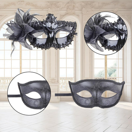 Fadcaer 2 x maskeraadimask naistele ja meestele, maskeraadimask, ballimask, pits, Veneetsia maskeraadimaskid paaridele, Veneetsia peokleit, halloweeni maskid (mustad)