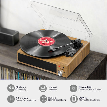 Plaadimängija, FYDEE vinüülplaadimängija Bluetoothiga, plaadimängija, vintage-stiilis plaadimängija sisseehitatud stereokõlariga, 3 kiirust 33/45/78 p/min, RCA väljund, AUX sisend, puiduvärv