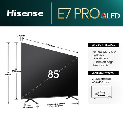 Hisense 85E7NQ Pro 215 cm (85-tolline) televiisor, 4K UHD, QLED, nutiteler, Total HDR, Dolby Vision IQ Atmos, 144Hz (VRR), HDMI 2.1, mängurežiim PRO, kolmekordne tuuner, sisseehitatud Alexa, tumehall, [2024]