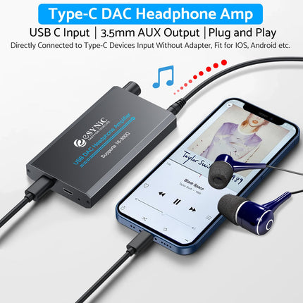eSynic kõrvaklapivõimendi kaasaskantav HiFi võimendi heli laetav kõrvaklapivõimendi 1m C-tüüpi kaabli ja liitiumakuga MP3 mobiiltelefoni ja sülearvuti jaoks