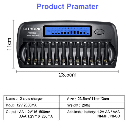 CITYORK AA AAA Battery Charger 12 Slots, LCD Battery Charger for AA/AAA NI-MH NI-CD Rechargeable Batteries with Discharge as well as integrated IC Protection and Power Supply