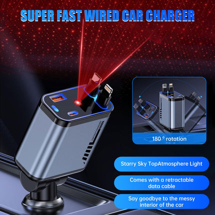 4-in-1 Retractable Car Charger, 120W Fast Charger Car Adapter, Dual USB-C Car Cigarette Lighter Charger, Compatible with iPhone 15/14/13/12, Samsung Galaxy S24, iPad Pro, PD30W &amp; QC3.0