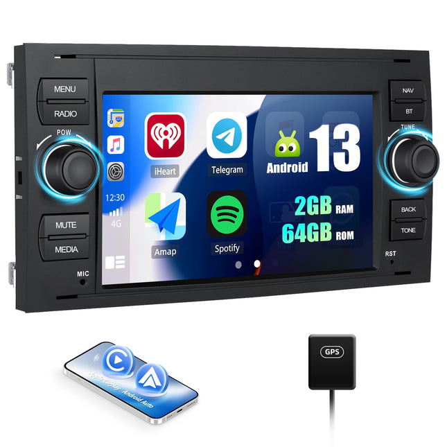 [2+64G] SIXWIN Android 13 autoraadio Ford C-Max/Galaxy/Connect/Fiesta/S-Max mudelitele koos Carplay/Android Auto/Mirrorlinkiga, 7-tolline mahtuvuslik puuteekraan WiFi, GPS, Bluetooth, FM/RDS EQ-ga