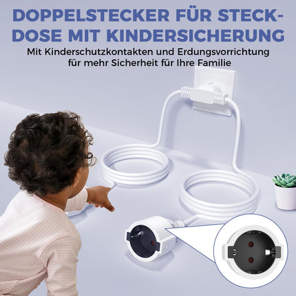 BrightArk pikenduskaabel topeltpistik 2M+2M, topeltpistik pistikupesale 2-in-1, topeltpistik pistikupesale IP20, 250V, 16A, 4000W kaitsekontaktiga pikenduskaabel kodukontorisse ja kööki