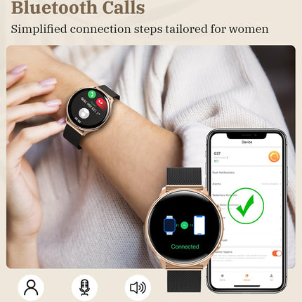 RUXINGX Smartwatch Women with Phone Function, HD Full Touchscreen, Fitness Tracker with 120 Sports SpO2 Heart Rate Monitor Sleep Monitor Menstrual Cycle, Wristwatch for iOS Android Black Rose Gold