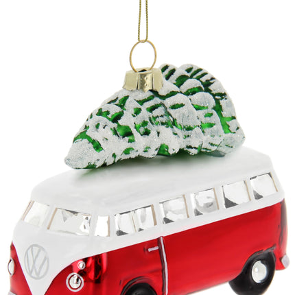 BRISA VW Collection - Volkswagen T1 Bulli Bus Christmas Ornaments &amp; Decorations made of Glass in Gift Box (Scale 1:40, Red with Tree)