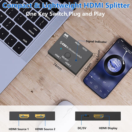 HDMI lüliti 2.1 8K jaotur kahesuunaline 8K@60Hz 4K@120Hz muundur 48Gbps kiire edastusjaotur Xbox PS4/5 monitoridele