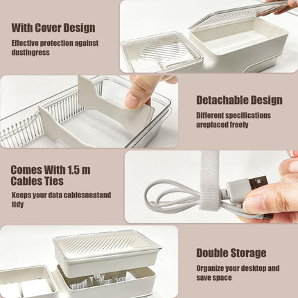 YTACREA Cable Organizer Box with Lid - Double Layer, White Cable Box with Adjustable Compartments, Cable Organizer for Charging Cables, Batteries, Cable Management on the Desk, Cable Management Box, 1 Piece